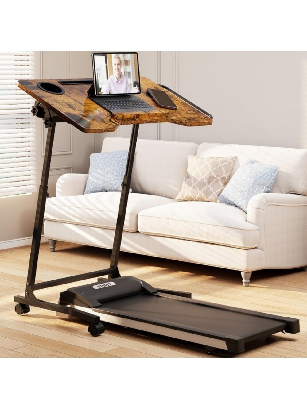 Adjustable Rolling Bike Trainer Desk with Wheels, Treadmill Laptop Stand, Brown